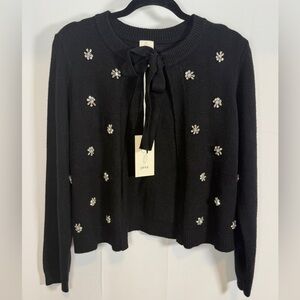 Joie Black Rhinestone Embellished Bow Tie Cardigan Sweater NWT